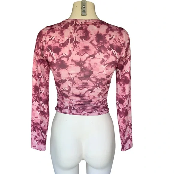 Pink Floral Square Neck Cropped Long Sleeve Top – Ruched, Size Small - Picture 8 of 17